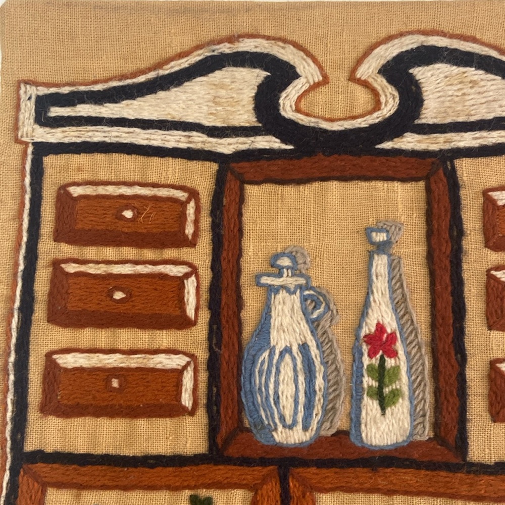 Vintage Hand Embroidered Art Work 80's Embroidery Kitchen Scene Fabric Home - Picture 3 of 6